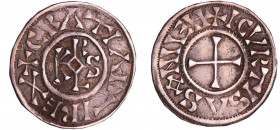 Charles II Le Chauve (840-877) - Denier (Curtisasonien)
A/ + GRATIA D-I REX Monogramme de Karolus.
R/ + I-CVRTISASONIEN Croix.
TTB
Nou.205e-Dep.37...