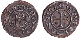 Charles II Le Chauve (840-877) - Denier (Quentovic)
A/ + GRATIA D-I REX Monogramme de Karolus.
R/ + QVVENTOVVIC Croix cantonnée de deux point.
TTB+...