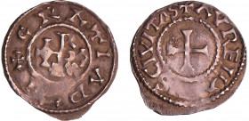 Eudes (887-898) - Denier (Orléans)
A/ GRATIA DI au centre, ODO REX disposé en croix.
R/ AVRELIANIS CIVITAS Croix.
TTB
Nou.28a-Dep.163
 Ar ; 1.75 ...