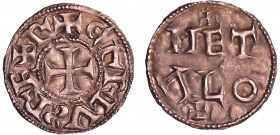 Charles III Le Simple (898-923) - Denier (Melle)
A/ CARLVS REX R Croix.
R/ METALO sur deux lignes, entre deux croisettes.
SUP
Nou.33f
 Ar ; 1.51 ...
