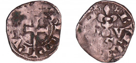 Philippe IV (1285-1314) - Obole bourgeoise
A/ PHILIPPVS REX. Croix latine coupant la légende en bas. 
R/ BVGENSIS dans le champ NOV VS sous un lis. ...