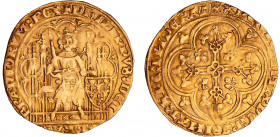 Philippe VI (1328-1350) - Ecu d'or à la chaise 1ère émission (1 janvier 1337)
A/ + PHILIPVS DEI GRA FRANCORVM REX. Le roi couronné assis dans une sta...