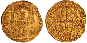 Philippe VI (1328-1350) - Double d'or
A/ + PH DEI GRA FRANC REX Le roi assis dans une stalle gothique, couronné, tenant un sceptre court et un sceptr...
