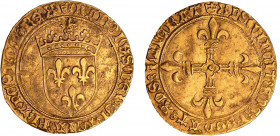 Charles VIII (1483-1498) - Ecu d'or au soleil - 1ère émission (11 septembre 1483) - Toulouse
A/ (lis) KAROLVS• DEI• GRA• FRANCORVM• REX. Ecu de Franc...