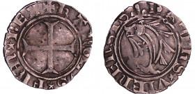 Charles VIII (1483-1498) - Liard du Dauphiné - Crémieu
A/ (lis) DALPHS VIANENSIS. Dauphin. 
R/ + KAROLVS FRANCOR REX. Croix. 
TTB
Dy.601-C.-L.575...