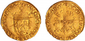 François 1er (1515-1547) - Ecu d'or au soleil - 5ème type - lyon
A/ FRANCISCVS DEI: GRA: FRNCORVM: REX Ecu de France couronné sous un soleil. 
R/ + ...