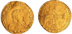 Henri II (1547-1559) - Double Henri d'or - 1557 B (Rouen)
A/ + HENRICVS. II. D. G. F. REX. Buste couronné à droite. 
R/ (soleil) DVM. TOTVM. COMPLEA...