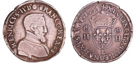 Henri II (1547-1559) - Teston à la tête nue - 1er type - 1555 L (Bayonne)
A/ + HENRICVS. II. D. G. FRANCOR. REX. Buste nu à droite. 
R/ + XPS. VINCI...
