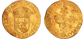 Charles IX (1560-1574) - Ecu d'or - 1er type - MDLXV (1565) A (Paris)
A/ (soleil à six rayons) CAROLVS. VIIII. D. G. FRANCORVM. REX. Ecu de France co...