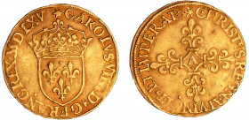 Charles IX (1560-1574) - Ecu d'or - 1er type - MDLXV (1565) A (Paris)
A/ (soleil à six rayons) CAROLVS. VIIII. D. G. FRANCORVM. REX. Ecu de France co...