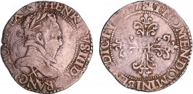 Henri III (1574-1589) - Demi-franc au col plat - 1587 X (Amiens)
A/. HENRICVS. III. D. G. FRAN. ET. POL. REX Buste au col plat, lauré et cuirassé à d...
