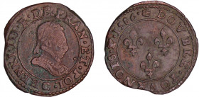 Henri III (1574-1589) - Double tournois - 1586 C (Saint-Lô)
A/ + HENRI. III. R. DE. FRAN. ET. POL Buste au col plat à droite, lauré, barbu, moustachu...