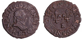 Henri III (1574-1589) - Denier tournois - 1588 B (Rouen)
A/ + HENRI. III. R. DE. FRAN. ET. POL. Buste au col plat à droite, lauré, barbu, moustachu e...