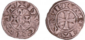 Aquitaine - Eléonore - Denier
Elélonore (1137). A/ + DVCIST Alpha, oméga et deux croisettes.
R/ + AQVTANIE Croix.
TB+
Bd.466 (3f)
 Ar ; 0.63 gr ;...