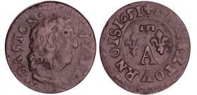 Dombes - Gaston d'Orléans - Denier tournois 1651 (Trévoux)
Gaston d'Orléans (1627-1650). A/ GASTON V.P.P.D. Buste à droite.
R/ + DENIER TOVRNOIS (mi...