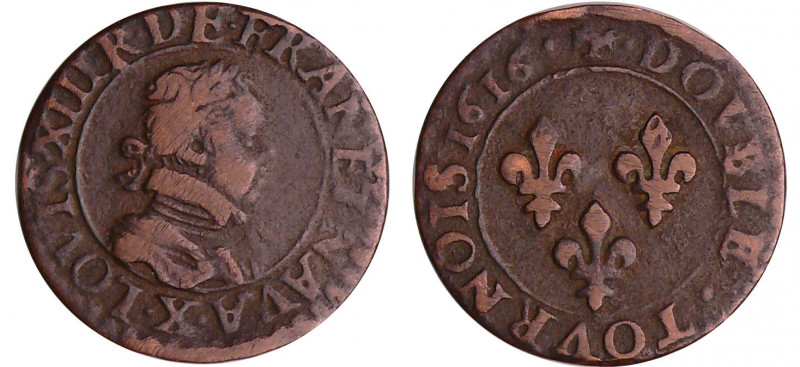 Louis XIII (1610-1643) - Double tournois au buste enfantin et col plat - 1616 X ...