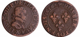 Louis XIII (1610-1643) - Double tournois au buste enfantin et col plat - 1616 X (Amins)
TB
L4L.33-Ga.5 / 7
 Cu ; 2.35 gr ; 20 mm