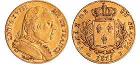 Louis XVIII (1815-1824) - 20 francs au buste habillé 1815 B (Rouen)
TTB
Ga.1026-F.517
 Au ; 6.39 gr ; 21 mm
Monnaies frappée à 23054 exemplaires....
