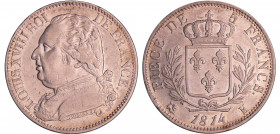 Louis XVIII (1815-1824) - 5 francs au buste habillé 1814 K (Bordeaux)
TTB
Ga.591-F.308
 Ar ; 24.79 gr ; 37 mm