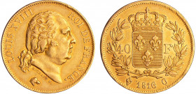 Louis XVIII (1815-1824) - 40 francs 1816 Q (Perpignan)
TTB+
Ga.1092-F.542
 Au ; 12.84 gr ; 26 mm
Monnaie frappée à 10660 exemplaires.