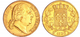 Louis XVIII (1815-1824) - 20 francs au buste nu 1820 A (Paris) sans les différents
TTB
Ga.1028-F.519
 Au ; 6.40 gr ; 21 mm