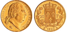 Louis XVIII (1815-1824) - 20 francs au buste nu 1822 A (Paris)
SUP+
Ga.1028-F.519
 Au ; 6.43 gr ; 21 mm