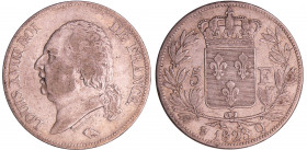 Louis XVIII (1815-1824) - 5 francs au buste nu 1823 Q (Perpignan)
TB
Ga.614-F.309
 Ar ; 24.85 gr ; 37 mm
