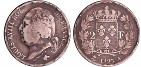 Louis XVIII (1815-1824) - 2 francs au buste nu 1823 A (Paris)
TB
Ga.513-F.257
 Ar ; 9.68 gr ; 27 mm
