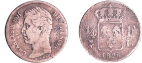 Charles X (1824-1830) - 1/4 de franc 1826 L (Bayonne)
TB
Ga.353-F.164
 Ar ; 1.15 gr ; 15 mm
Monnaie frappée à 10971 exemplaires.