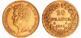 Louis-Philippe Ier (1830-1848) - 20 francs tête nue tranche en relief 1831 A (Paris)
TTB
Ga.1030a-F.525
 Au ; 6.41 gr ; 21 mm