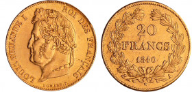 Louis-Philippe Ier (1830-1848) - 20 francs tête nue tranche en relief 1840 A (Paris)
SUP
Ga.1030a-F.525
 Au ; 6.37 gr ; 21 mm