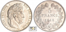 Louis-Philippe Ier (1830-1848) - 5 francs tête laurée 3ème type 1845 BB (Strasbourg)
PCGS AU 53
Ga.678a-F.325
 Ar ; 24.91 gr ; 37 mm
PCGS #3175604...