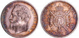 Napoléon III (1852-1870) -Satirique - 5 francs tête laurée 1869 BB (Strasbourg), "COCHON, SEDAN"
TTB
Ga.739-F.331
 Ar ; 24.96 gr ; 37 mm