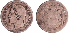Napoléon III (1852-1870) - 2 francs tête laurée 1867 BB (Strasbourg), Satirique "SEDAN"
B
Ga.527-F.263
 Ar ; 9.37 gr ; 27 mm