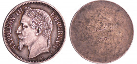 Napoléon III (1852-1870) - 1 franc tête laurée Cliché uniface Essai
SUP
Ga.463-F.215
 Bronze doré ; 4.00 gr ; 23 mm
Rare essai (E sous le portrait...
