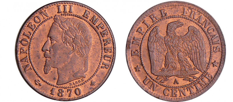 Napoléon III (1852-1870) - 1 centime tête laurée 1870 A (Paris)
SPL
Ga.87-F.10...