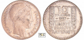 Troisième République (1871-1940) - 10 francs Turin argent 1937
PCGS AU 50
Ga.801-F.360
 Ar ; 9.98 gr ; 28 mm
PCGS # 83890594.
