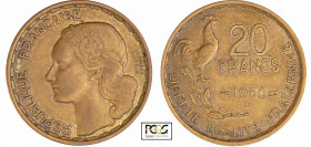 Quatrième République (1947-1959) - 20 francs Georges Guiraud 1950 B 4 plumes
PCGS AU 55
Ga.864-F.401
 Br-Al ; 4.07 gr ; 23.5 mm
PCGS # 83890585.