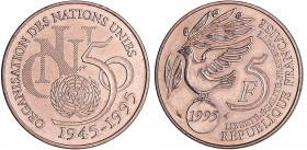 Cinquième république (1959- ) - 5 francs cinquantenaire de l'ONU 1995
SUP
Ga.776
 Cupro-Nickel ; 9.94 gr ; 29 mm