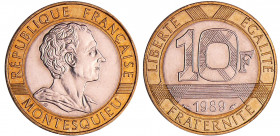 Cinquième république (1959- ) - 10 francs Montesquieu 1989
SUP+
Ga.828-Fr.376
 Br-Al ; 6.51 gr ; 23 mm