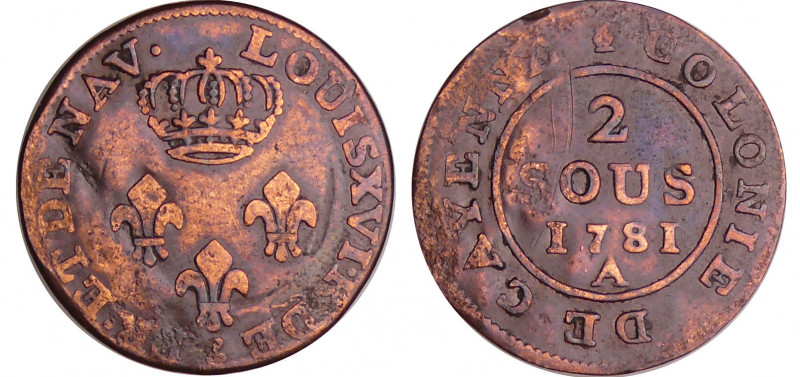 Cayenne (Guyane) - Louis XVI (1774-1793) - 2 sous 1781 A (Paris)
TTB
Lecompte....