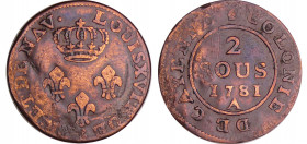 Cayenne (Guyane) - Louis XVI (1774-1793) - 2 sous 1781 A (Paris)
TTB
Lecompte.12
 Cu ; 1.83 gr ; 22 mm