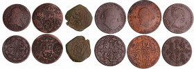 Espagne - Lot de 6 monnaies de 4 et 8 maravedis
4 maravedis 1805 (KM#427) ; 8 maravedis 1807 (contremarque 1652), 1621 (contremarque 1641), 1815 (KM#...
