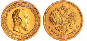 Russie - Alexandre III (1881-1894) - 5 roubles 1889 AΓ (Saint-Pétersbourg)
SUP
Belkin.33
 Au ; 6.44 gr ; 21 mm