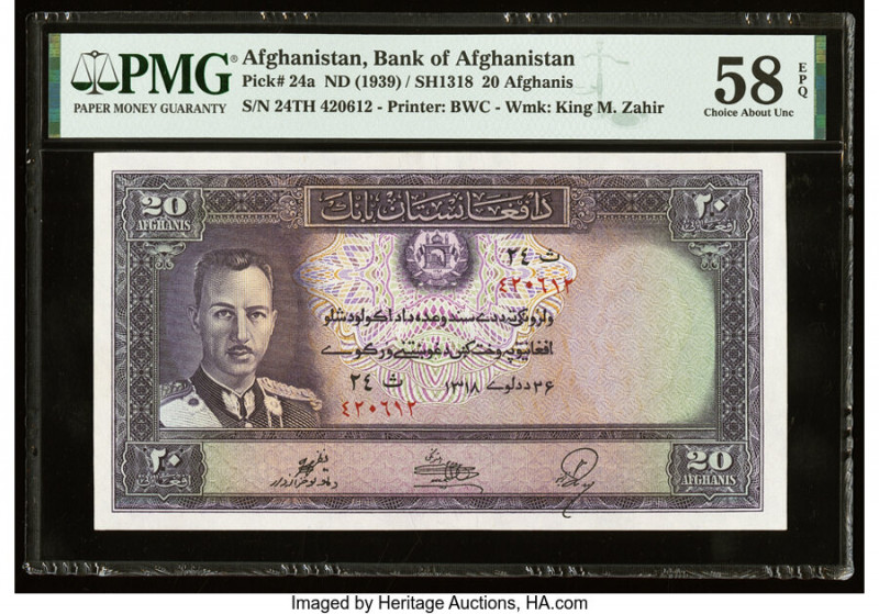 Afghanistan Bank of Afghanistan 20 Afghanis ND (1939) / SH1318 Pick 24a PMG Choi...