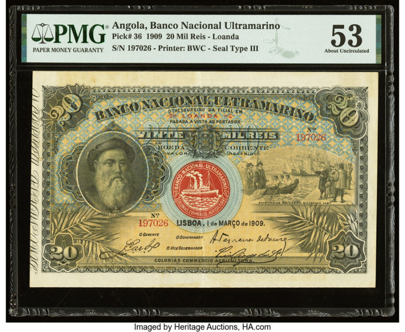 Angola Banco Nacional Ultramarino 20 Mil Reis 1.3.1909 Pick 36 PMG About Uncircu...