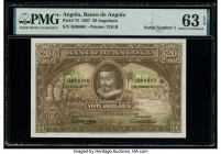 Serial Number 1 Angola Banco De Angola 20 Angolares 1.6.1927 Pick 73 PMG Choice Uncirculated 63 EPQ. Fresh, Uncirculated paper is only one tantalizing...