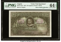 Angola Banco De Angola 20 Angolares 1.6.1927 Pick 73cts Color Trial Specimen PMG Choice Uncirculated 64 EPQ. Olive and deep brown accents confirm Colo...