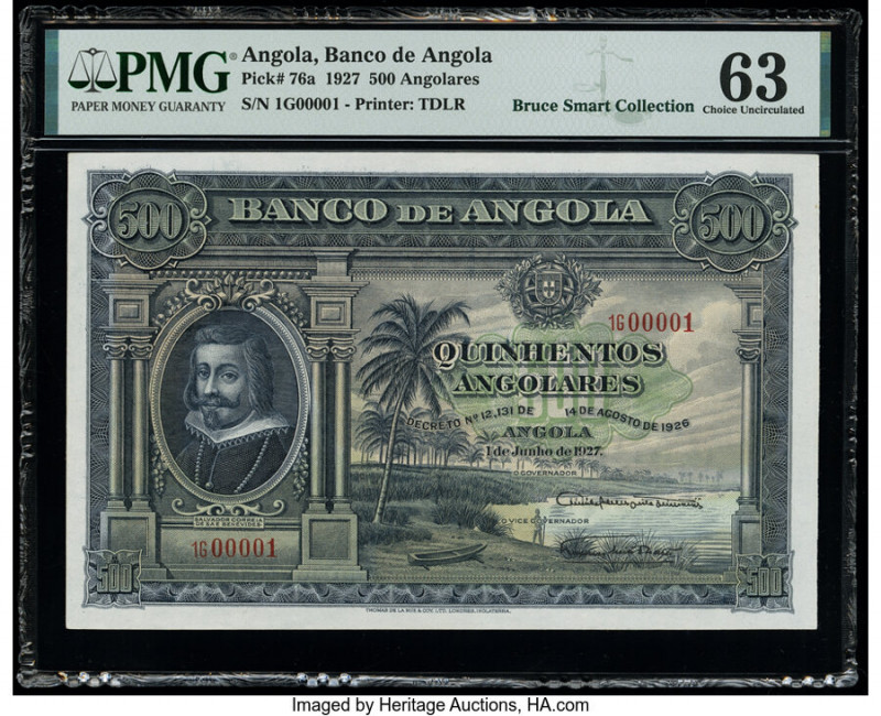 Serial Number 1 Angola Banco De Angola 500 Angolares 1.6.1927 Pick 76a PMG Choic...