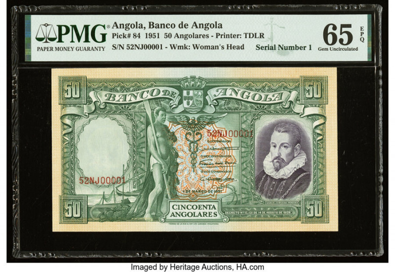 Serial Number 1 Angola Banco De Angola 50 Angolares 1.3.1951 Pick 84 PMG Gem Unc...